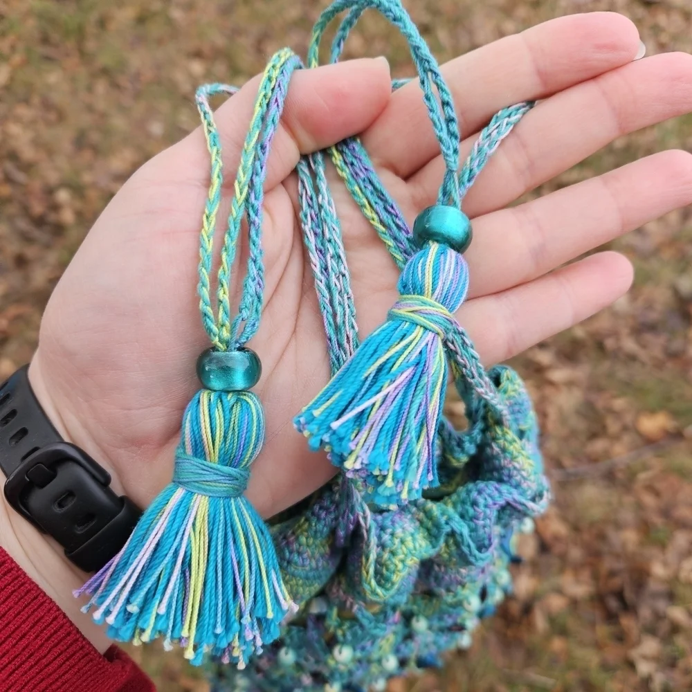crochet beaded drawstring bucket clutch blue green purple